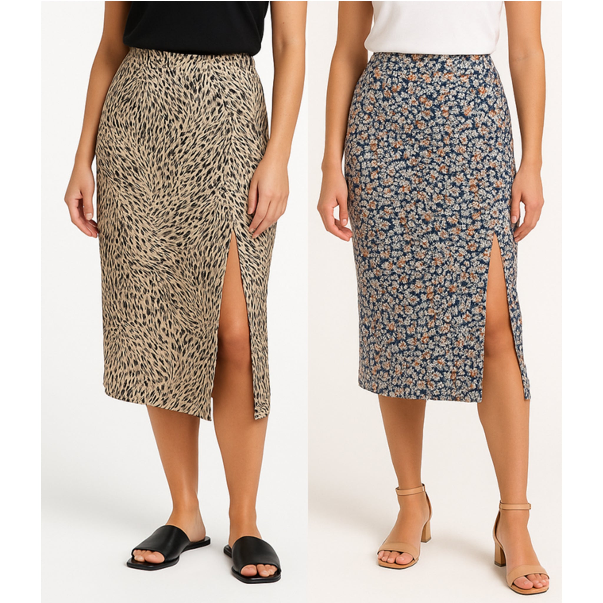 Women's midi pencil skirt with floral / animal print – stretchy waist, side slit, and a fitted silhouette, perfect for spring and summer styling